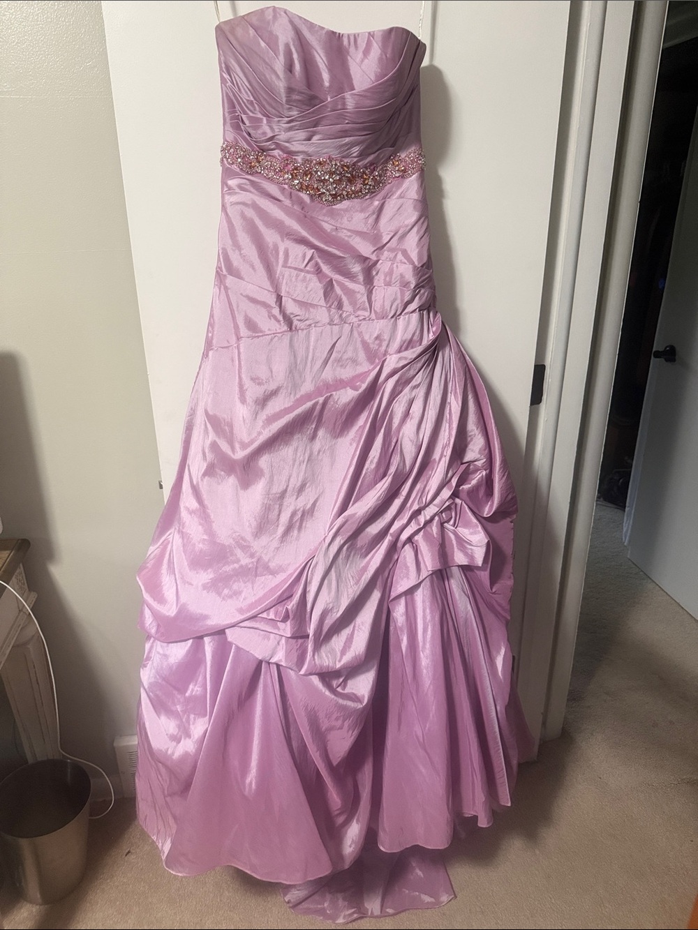 Strapless Lilac Prom Gown with Beaded Waist Accent